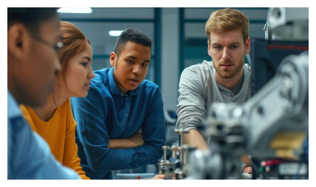 group of engineering students work on robotics project in class