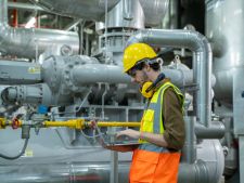 nuclear engineer uses a laptop in a power plant